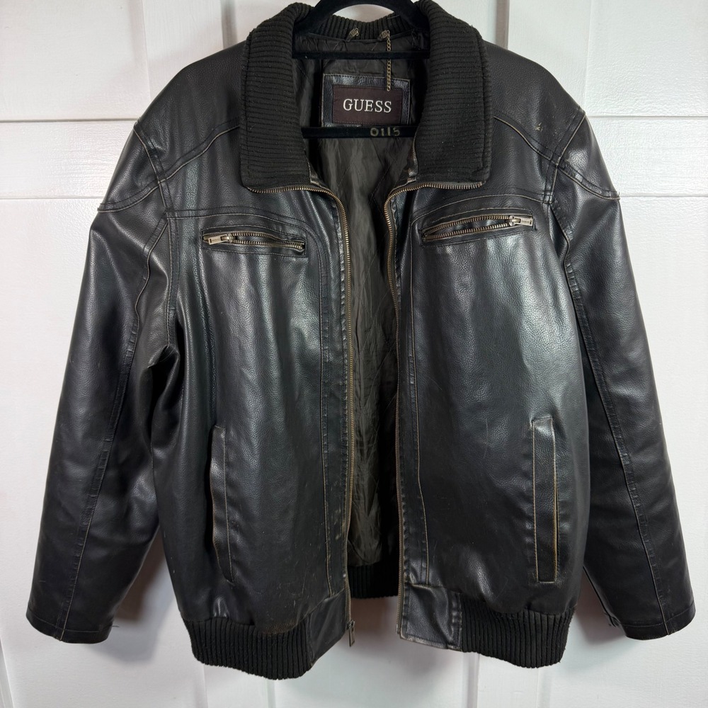 Guess Mens Faux Leather Bomber Jacket Dark Brown Distressed *READ ZIPPER